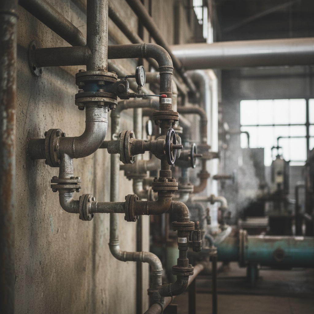 Sistema de tuberías metálicas industriales con válvulas y manómetros montado sobre una pared de hormigón en una fábrica.